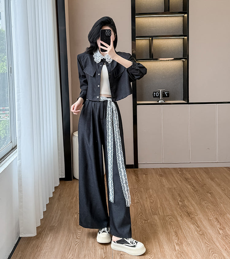 Plus Size Lace Collar Cropped Jacket & Wide-Leg Trouser Set