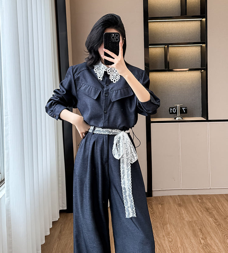 Plus Size Lace Collar Cropped Jacket & Wide-Leg Trouser Set