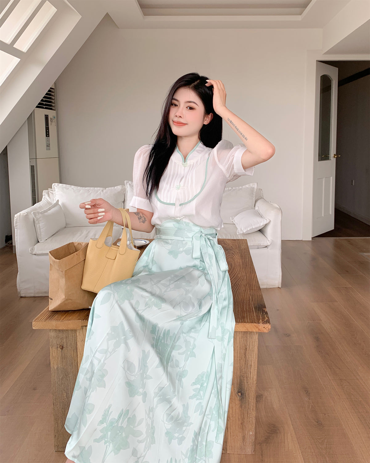 Jade Blossom Hanfu-Inspired Two-Piece Set