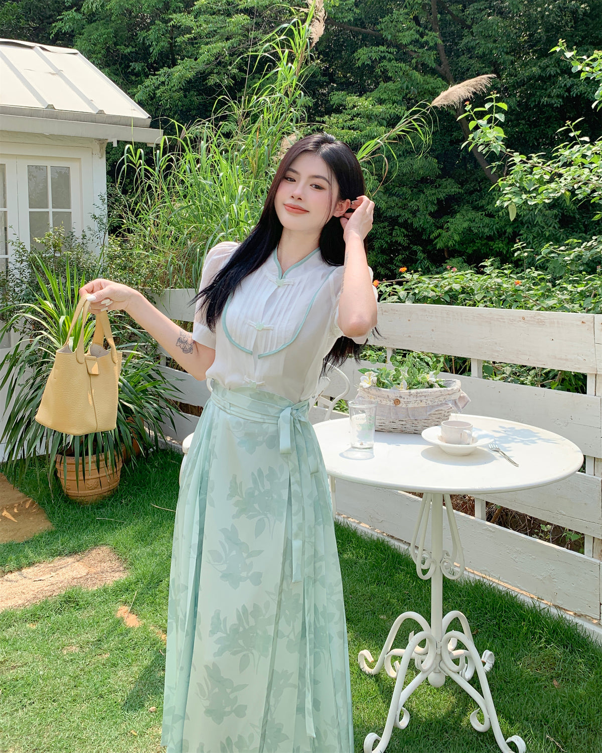 Jade Blossom Hanfu-Inspired Two-Piece Set
