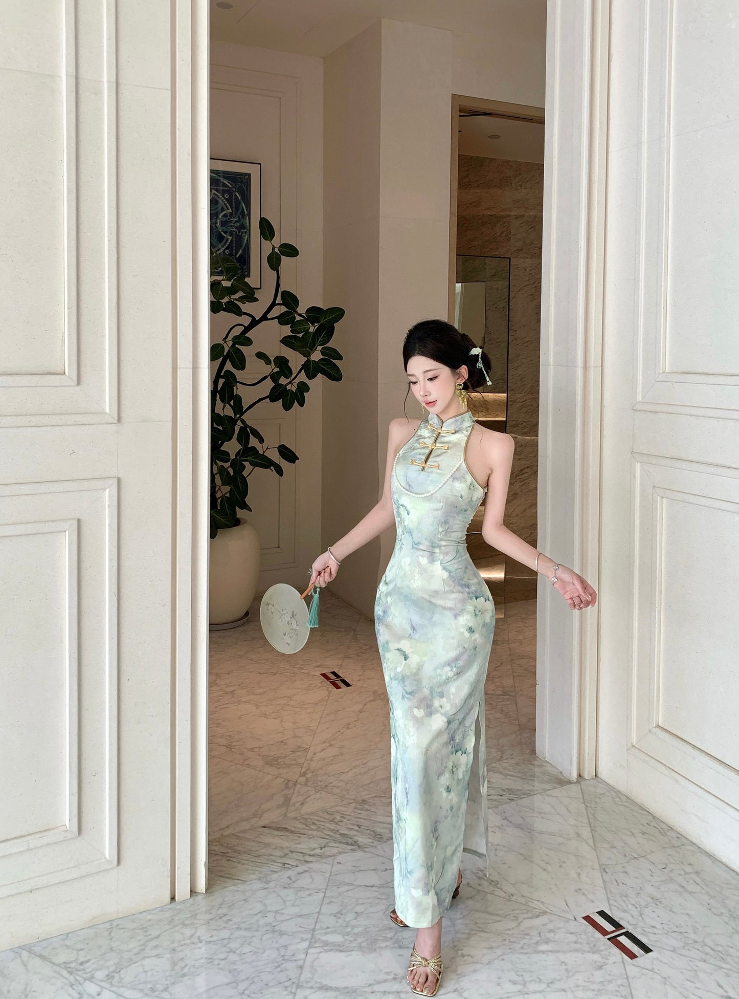 Jade Watercolor Halter Qipao Maxi Dress