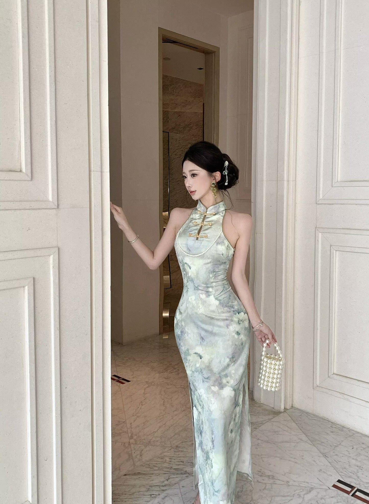 Jade Watercolor Halter Qipao Maxi Dress