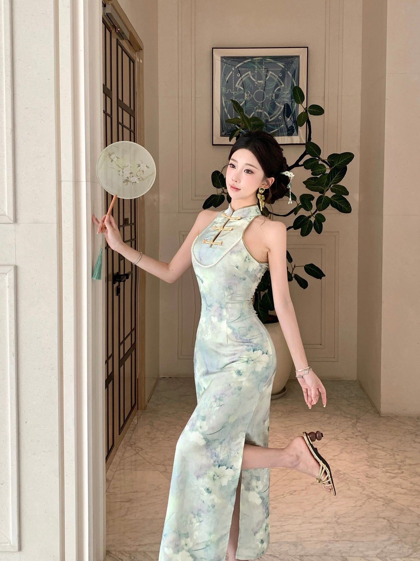 Jade Watercolor Halter Qipao Maxi Dress