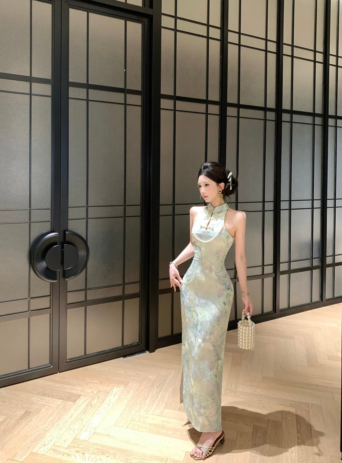 Jade Watercolor Halter Qipao Maxi Dress