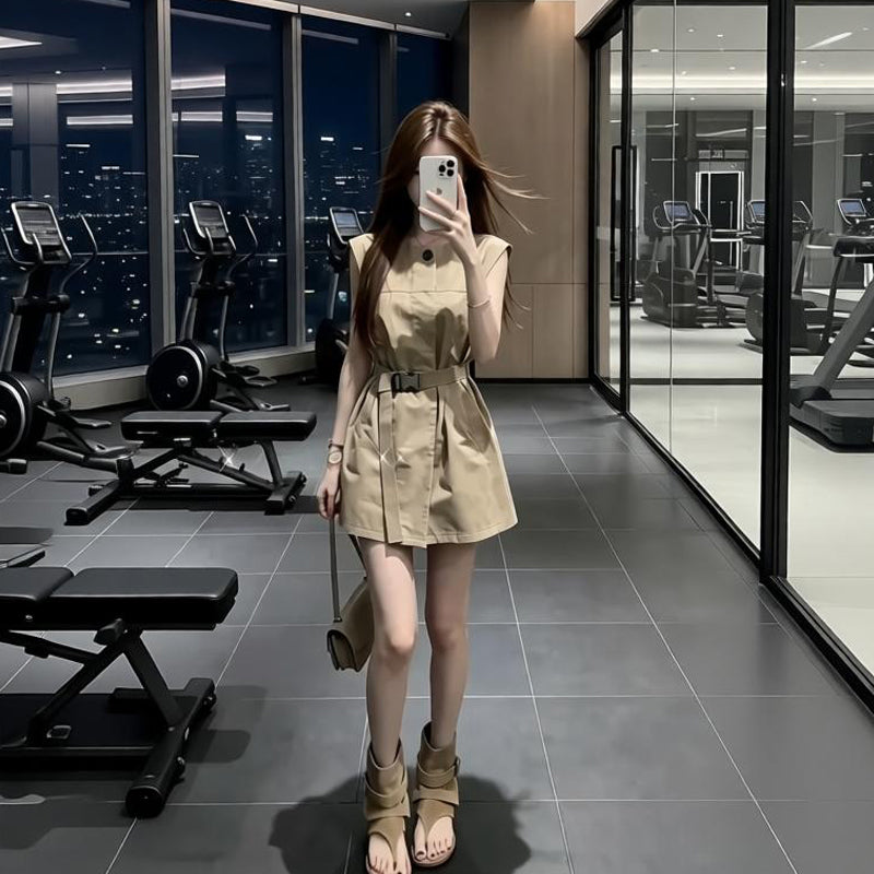 French Retro Khaki Vest Dress