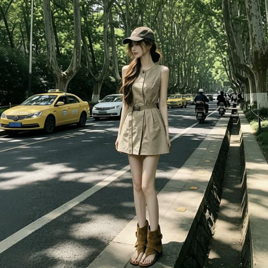 French Retro Khaki Vest Dress