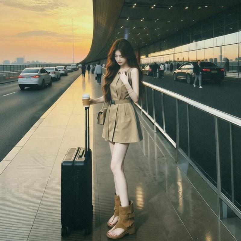 French Retro Khaki Vest Dress