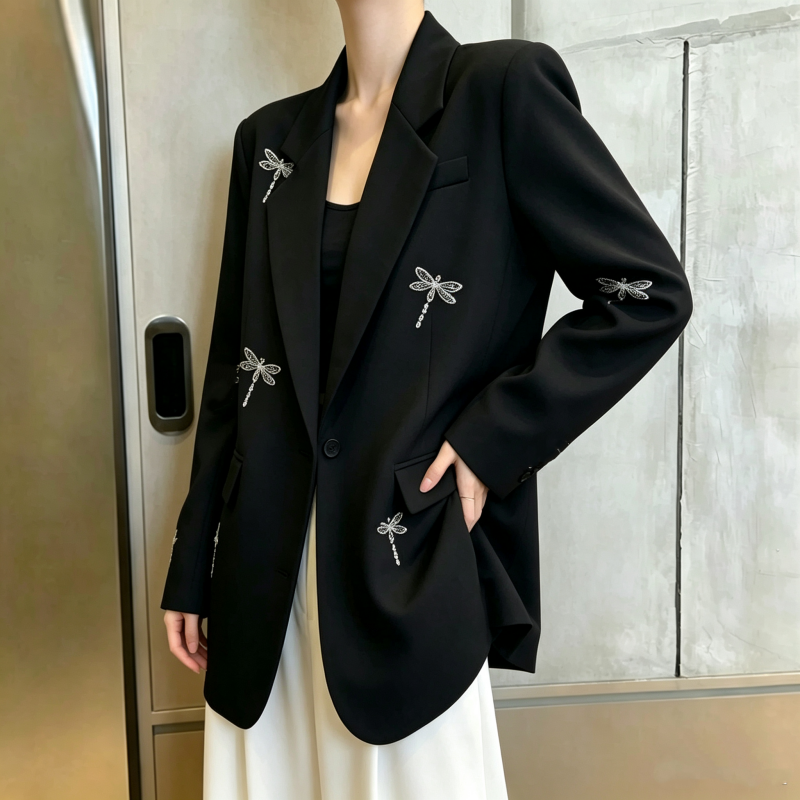 Korean Oversized Dragonfly Rhinestone Suit Jacket