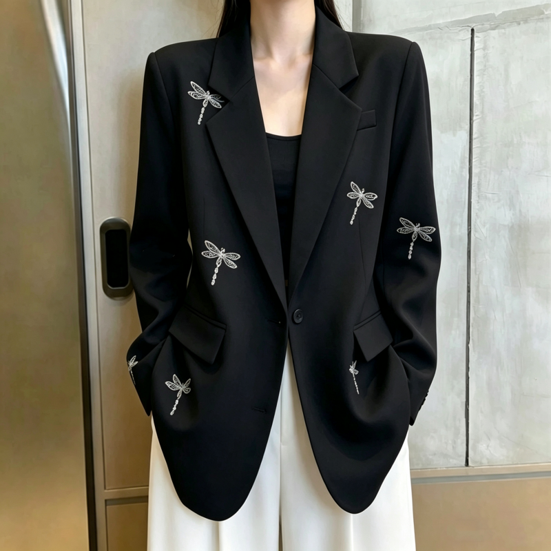 Korean Oversized Dragonfly Rhinestone Suit Jacket