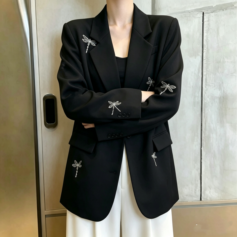 Korean Oversized Dragonfly Rhinestone Suit Jacket