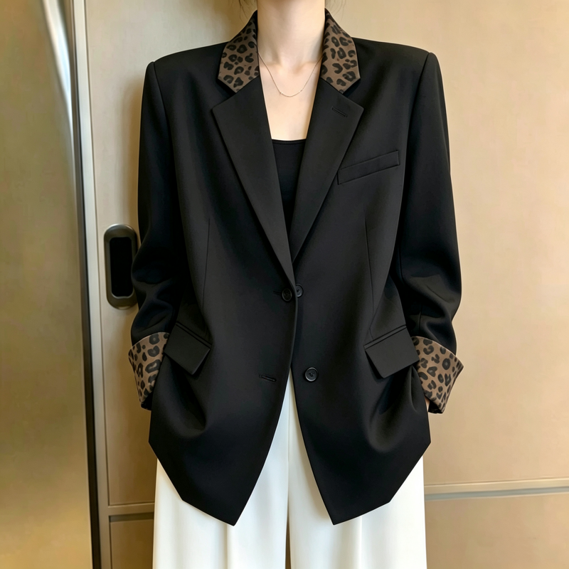 Korean Retro Leopard Patchwork Casual Black Blazer