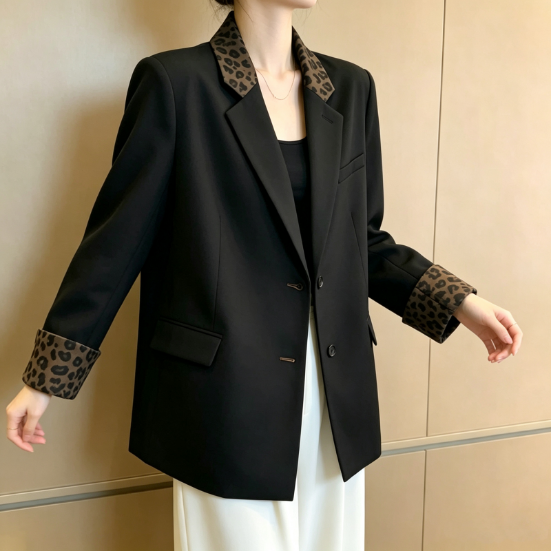 Korean Retro Leopard Patchwork Casual Black Blazer