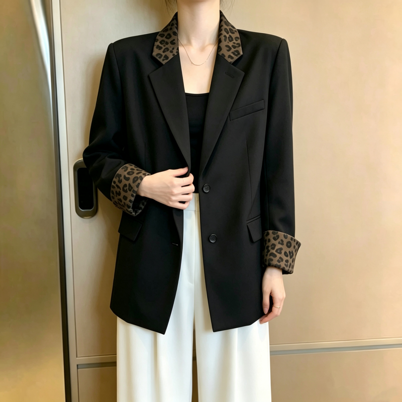 Korean Retro Leopard Patchwork Casual Black Blazer