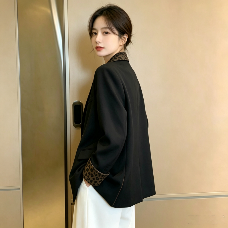 Korean Retro Leopard Patchwork Casual Black Blazer