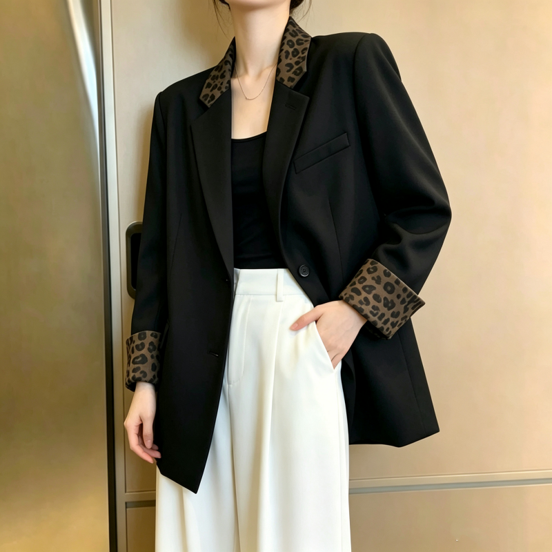 Korean Retro Leopard Patchwork Casual Black Blazer