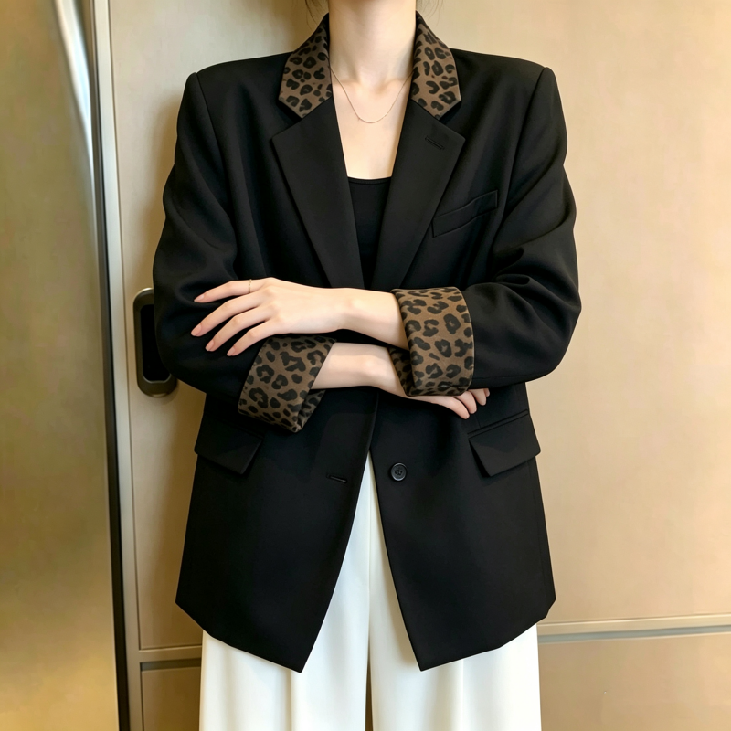 Korean Retro Leopard Patchwork Casual Black Blazer