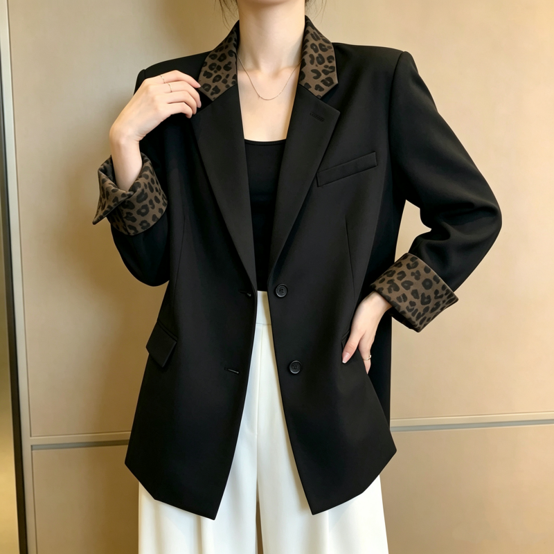 Korean Retro Leopard Patchwork Casual Black Blazer
