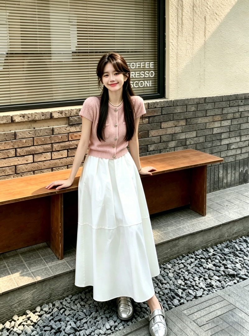 Korean Style Pastel Pink Short-Sleeve Cardigan and Elastic Waist Midi Skirt Set