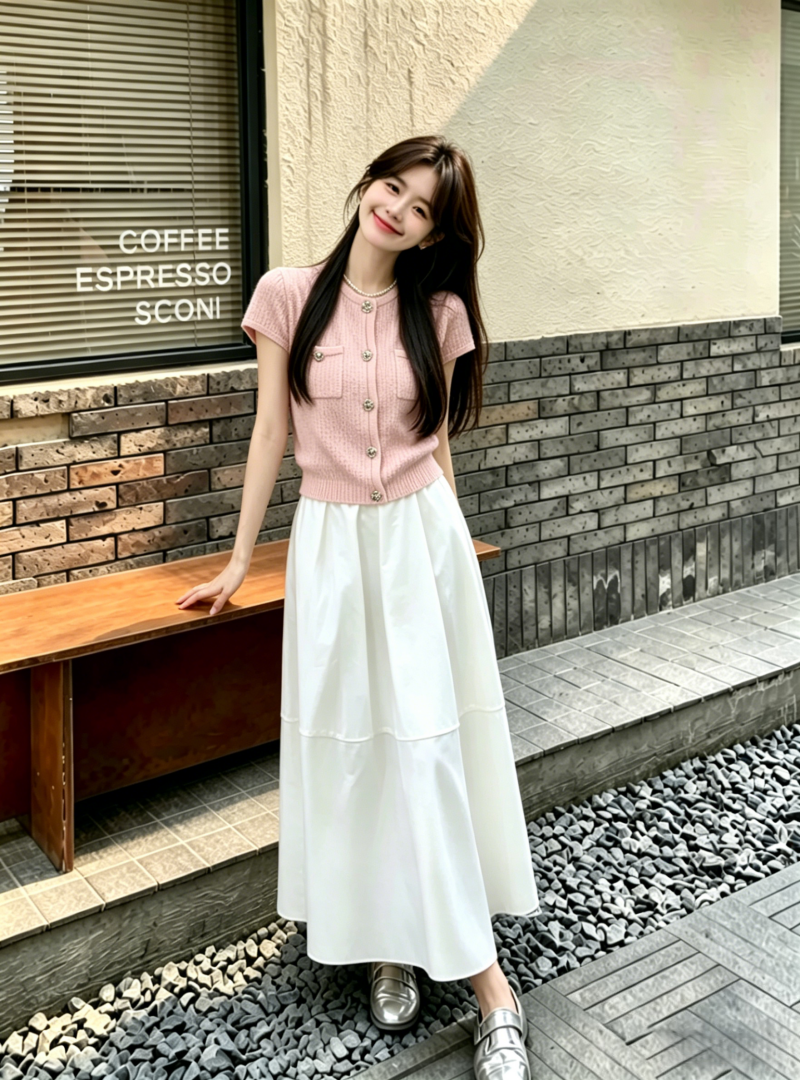 Korean Style Pastel Pink Short-Sleeve Cardigan and Elastic Waist Midi Skirt Set
