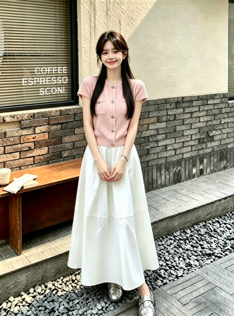 Korean Style Pastel Pink Short-Sleeve Cardigan and Elastic Waist Midi Skirt Set