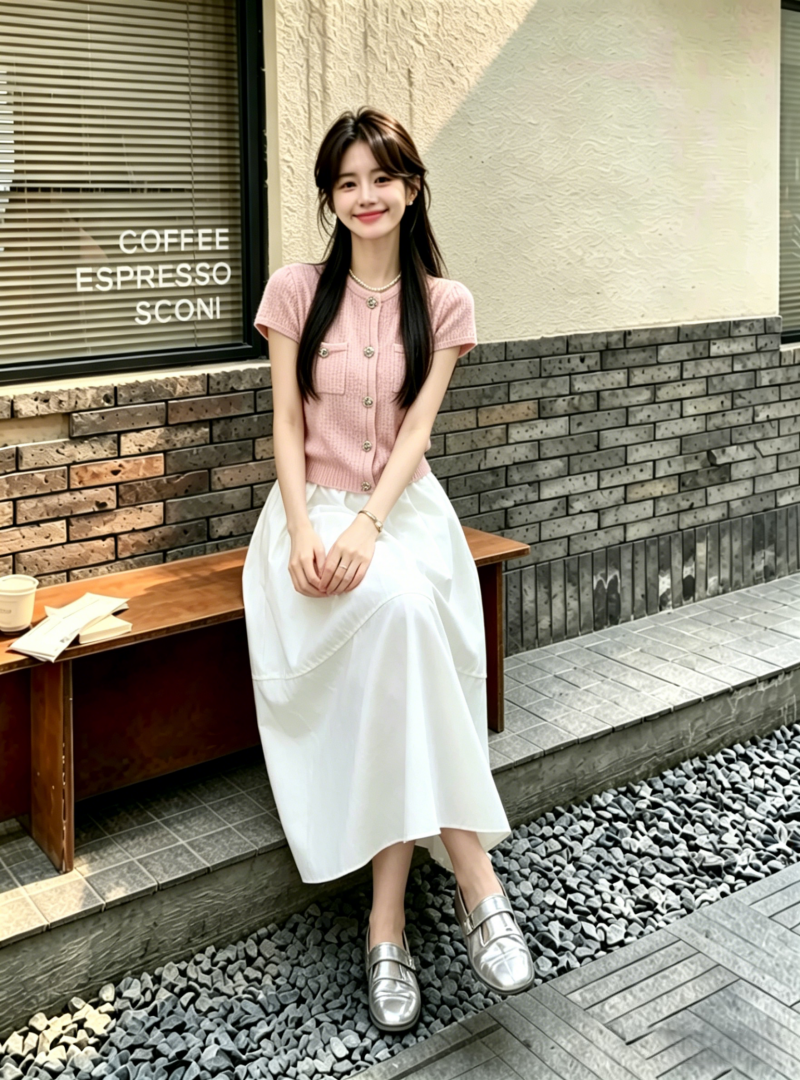 Korean Style Pastel Pink Short-Sleeve Cardigan and Elastic Waist Midi Skirt Set