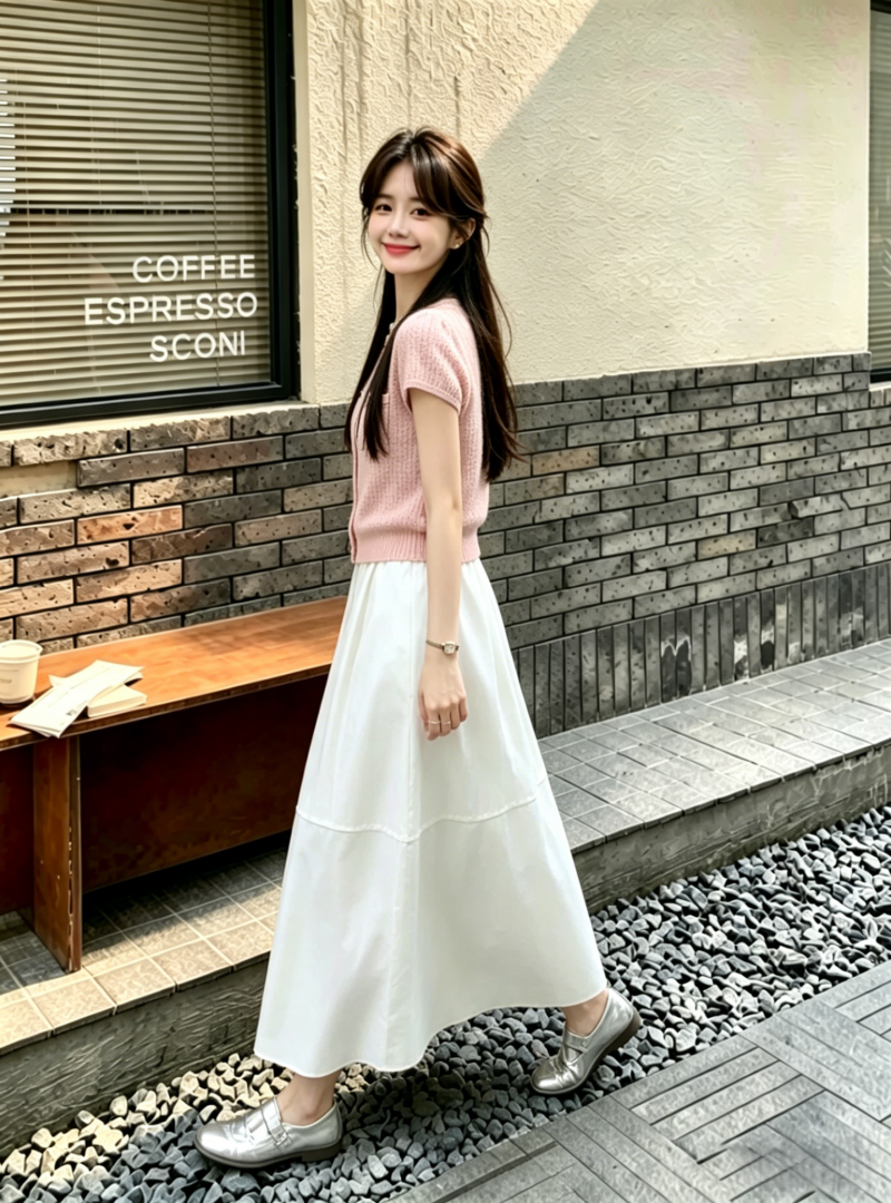 Korean Style Pastel Pink Short-Sleeve Cardigan and Elastic Waist Midi Skirt Set