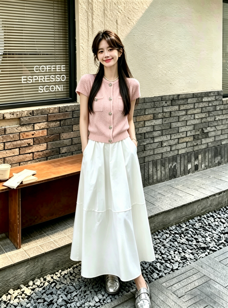 Korean Style Pastel Pink Short-Sleeve Cardigan and Elastic Waist Midi Skirt Set