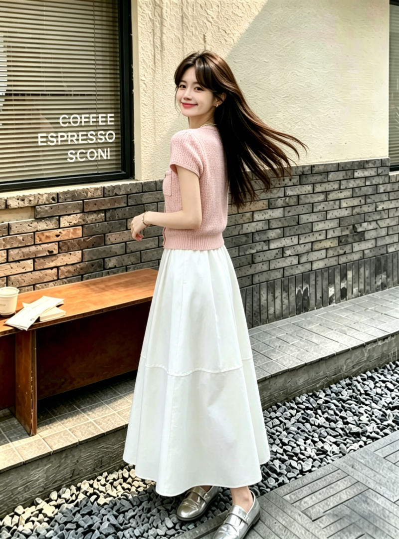 Korean Style Pastel Pink Short-Sleeve Cardigan and Elastic Waist Midi Skirt Set