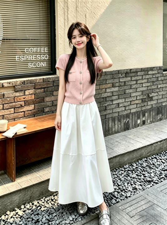 Korean Style Pastel Pink Short-Sleeve Cardigan and Elastic Waist Midi Skirt Set