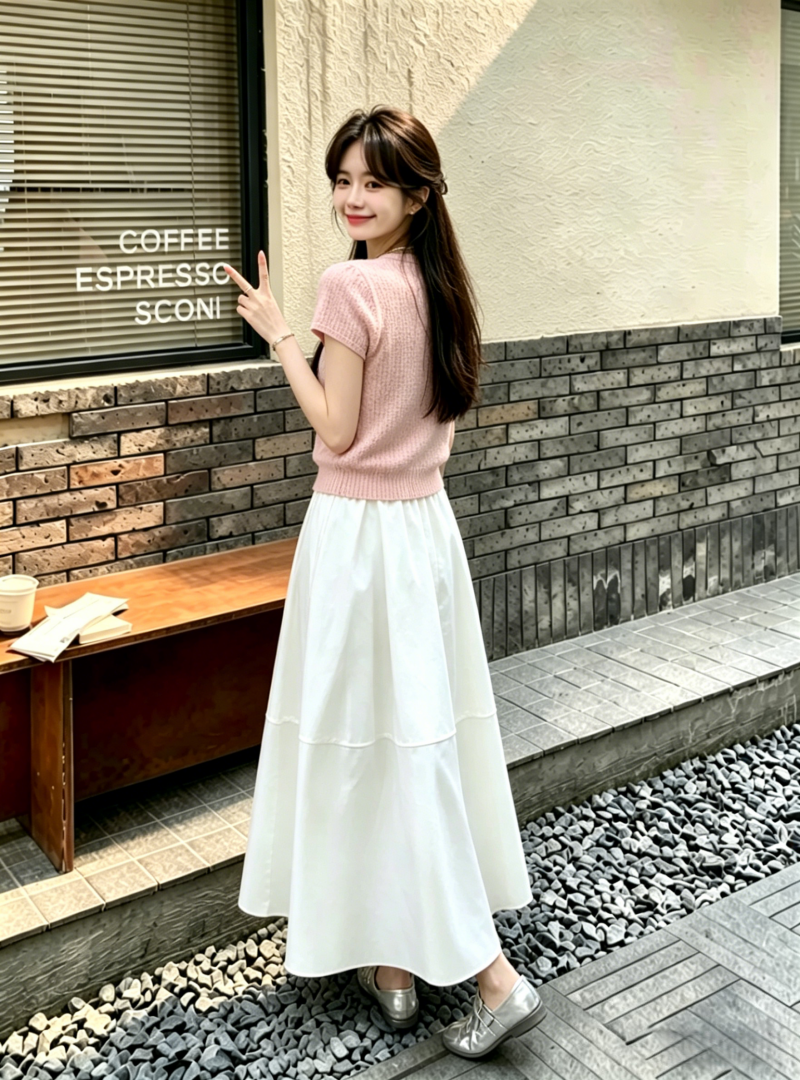 Korean Style Pastel Pink Short-Sleeve Cardigan and Elastic Waist Midi Skirt Set