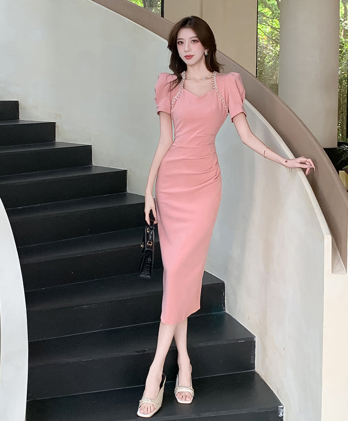 Sweetheart Puff-Sleeve Bodycon Midi with Pearl Accents