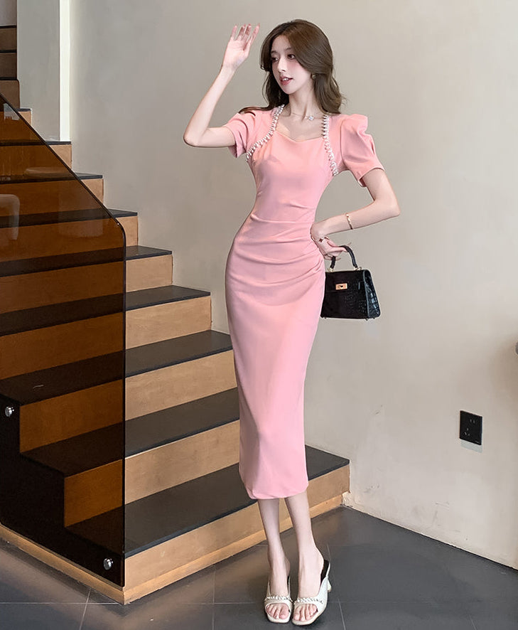 Sweetheart Puff-Sleeve Bodycon Midi with Pearl Accents