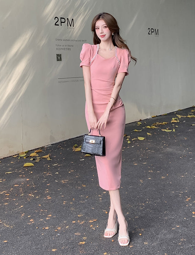 Sweetheart Puff-Sleeve Bodycon Midi with Pearl Accents