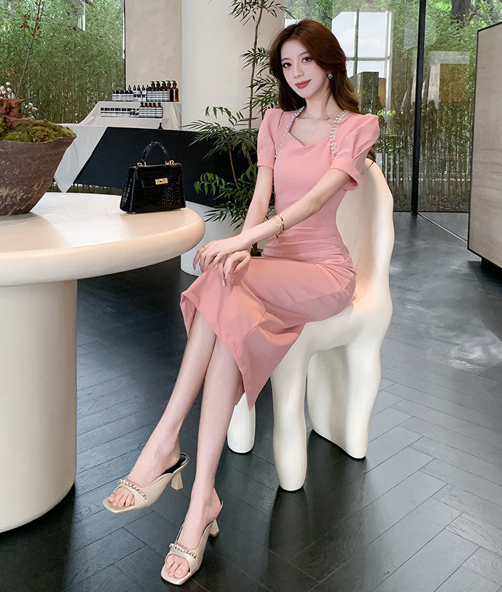 Sweetheart Puff-Sleeve Bodycon Midi with Pearl Accents