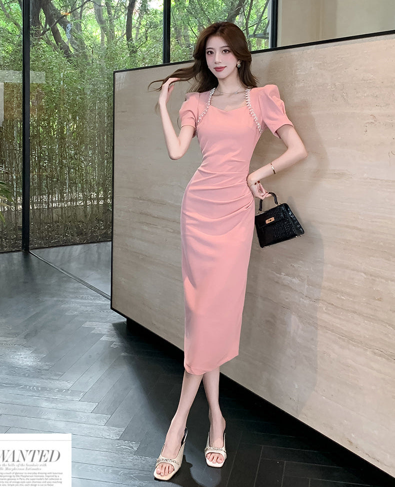 Sweetheart Puff-Sleeve Bodycon Midi with Pearl Accents
