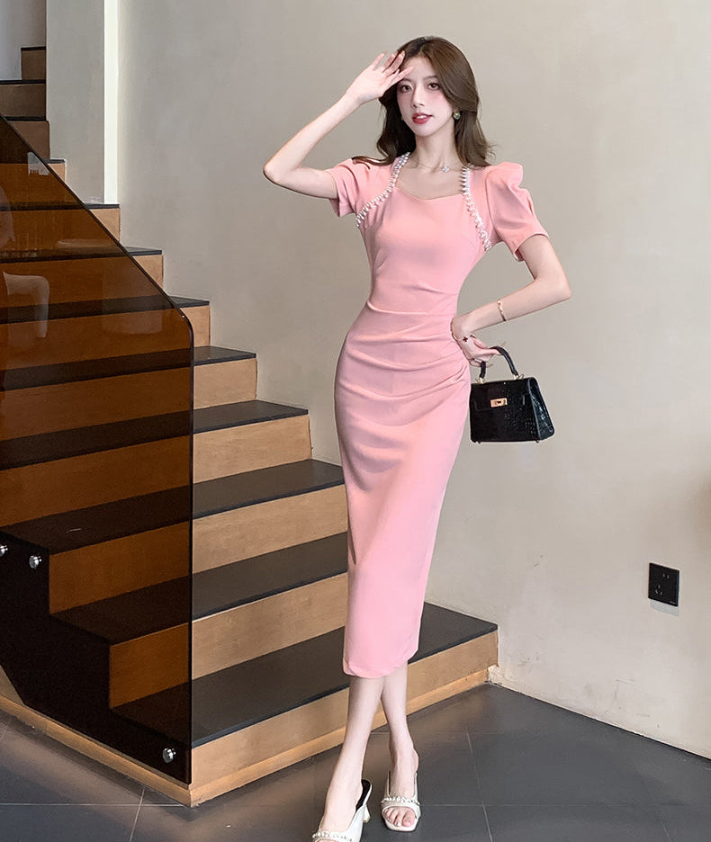 Sweetheart Puff-Sleeve Bodycon Midi with Pearl Accents