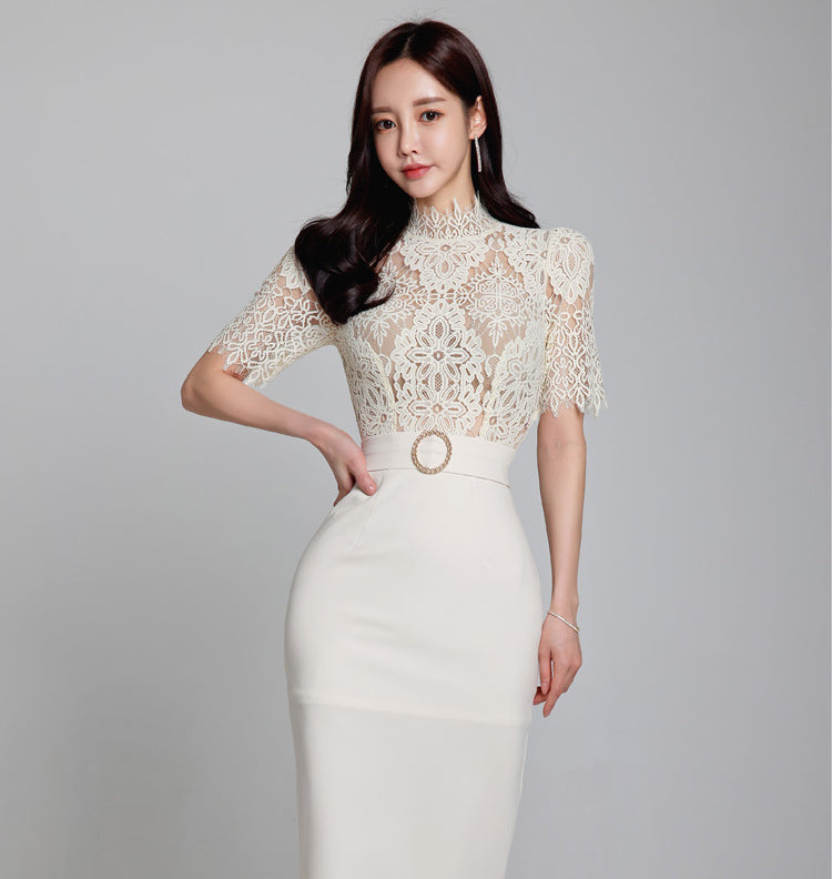 White Lace-Bodice Midi Dress