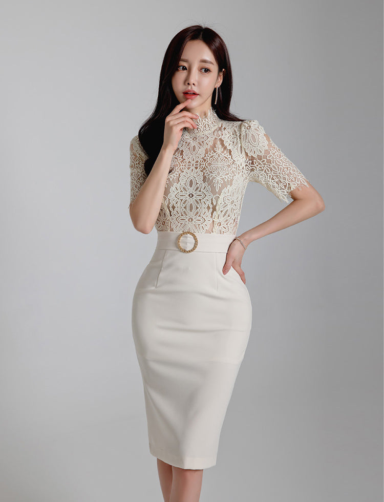 White Lace-Bodice Midi Dress