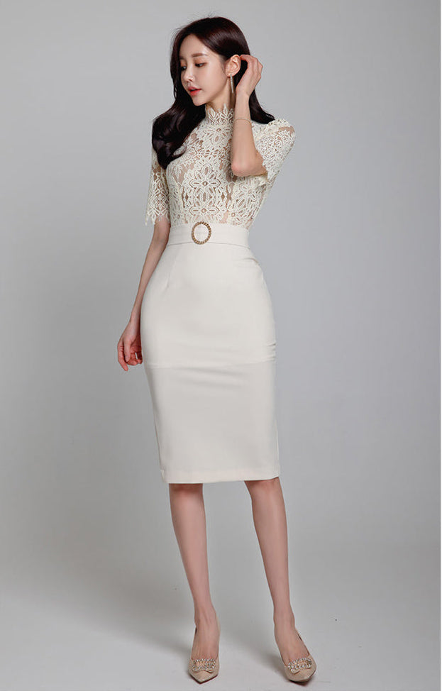 White Lace-Bodice Midi Dress