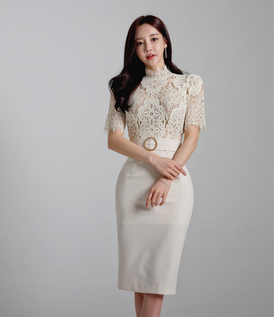 White Lace-Bodice Midi Dress