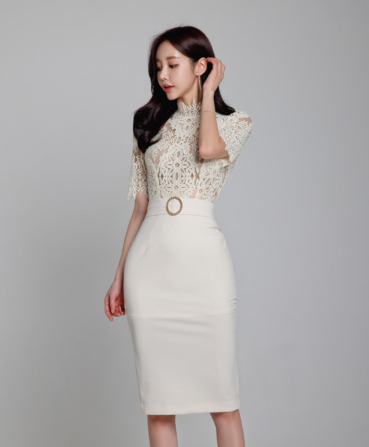White Lace-Bodice Midi Dress