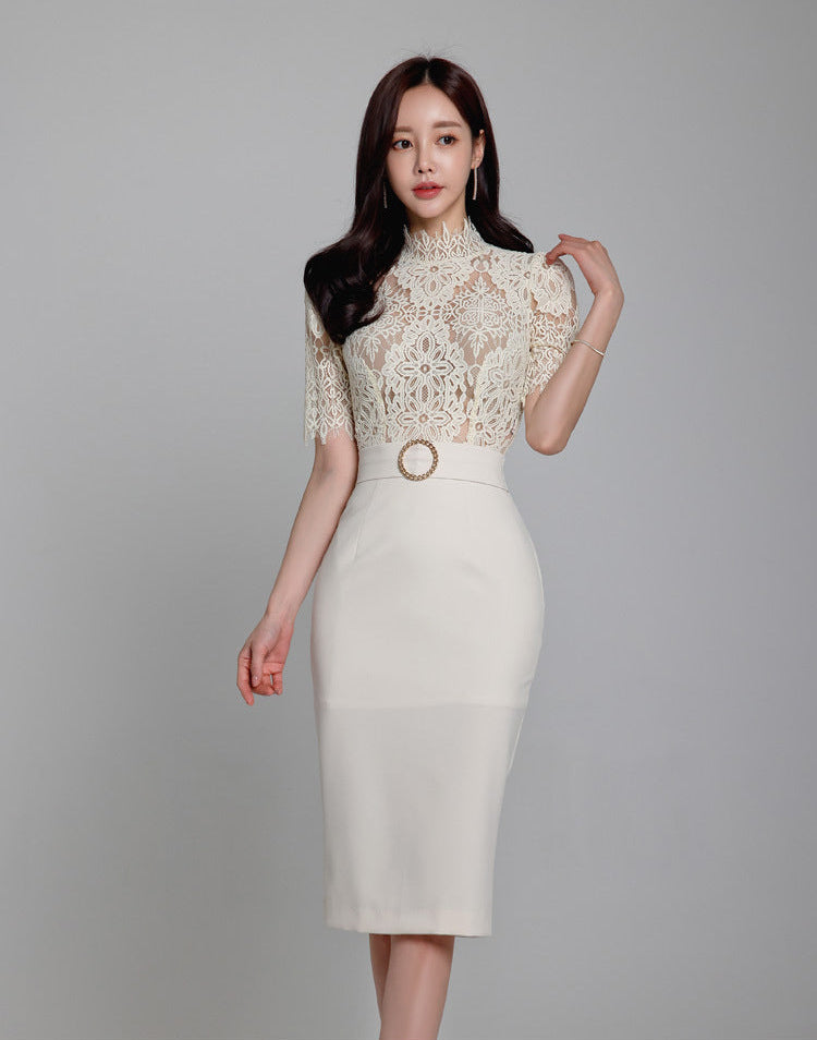White Lace-Bodice Midi Dress