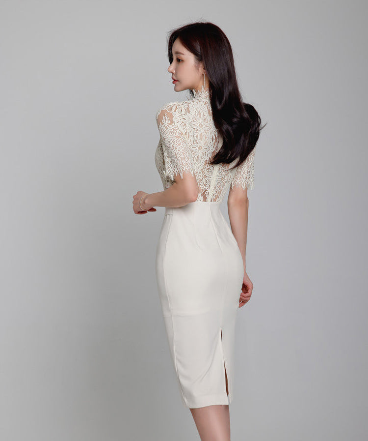 White Lace-Bodice Midi Dress
