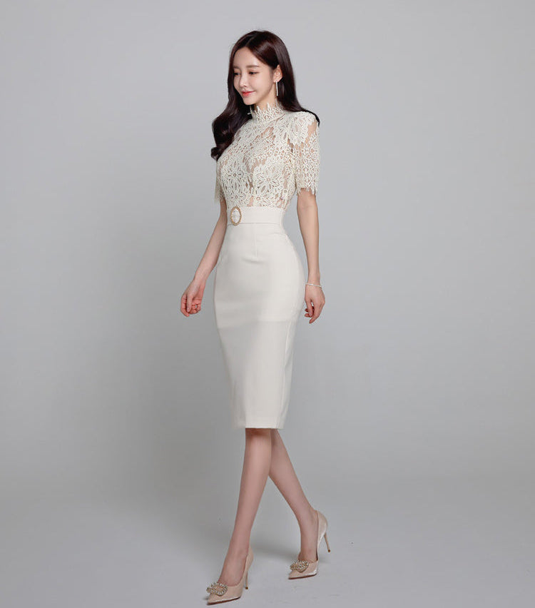 White Lace-Bodice Midi Dress