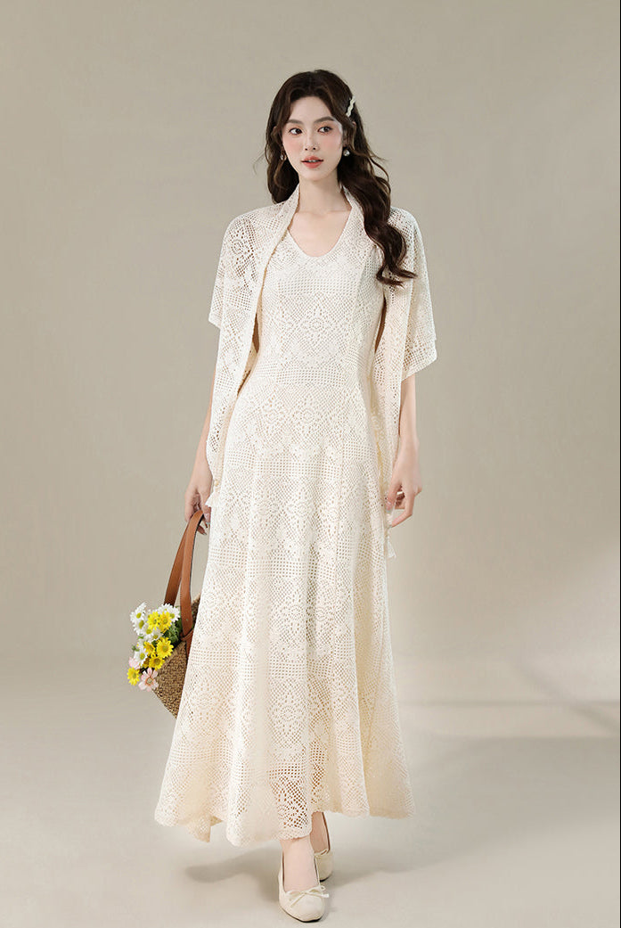 Meadow Breeze Crochet-Style Lace Two-Piece Gown