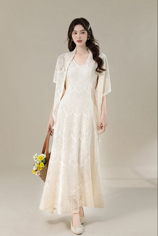 Meadow Breeze Crochet-Style Lace Two-Piece Gown