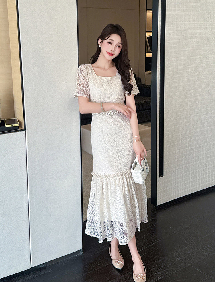 Aurelia Vintage Lace Mermaid Midi Dress- Floral Embroidery & Ruffle Hem