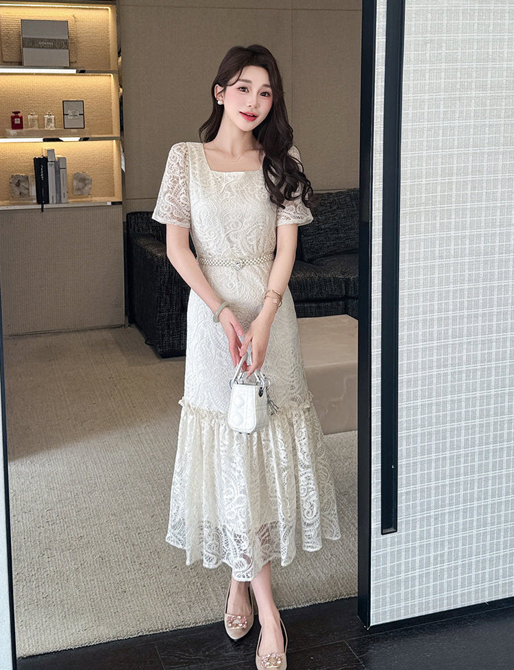 Aurelia Vintage Lace Mermaid Midi Dress- Floral Embroidery & Ruffle Hem
