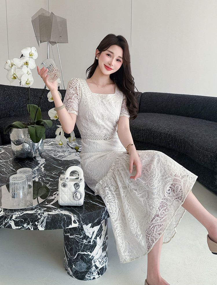 Aurelia Vintage Lace Mermaid Midi Dress- Floral Embroidery & Ruffle Hem