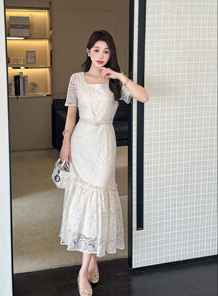 Aurelia Vintage Lace Mermaid Midi Dress- Floral Embroidery & Ruffle Hem